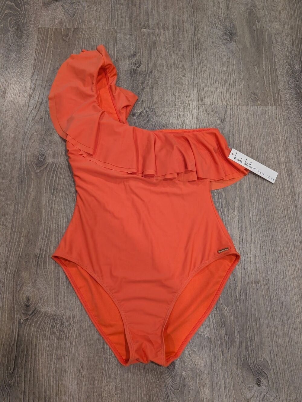Nicole Miller New York Coral Orange One-Piece Swimsuit Asymmetric Ruffle Size L